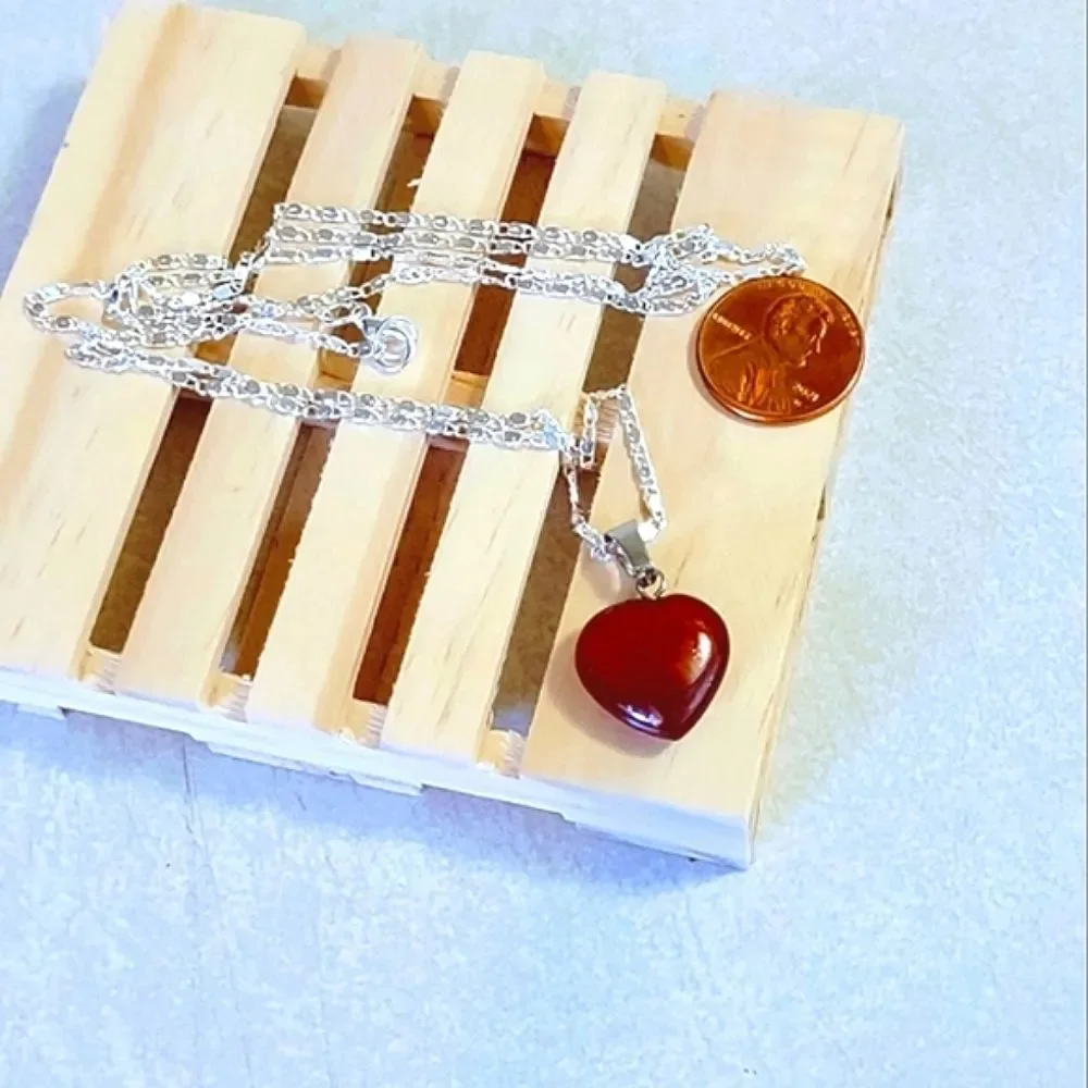 Natural carnelian stone HEART PENDANT SILVER PLATED CHAIN NECKLACE - Picture 5 of 8
